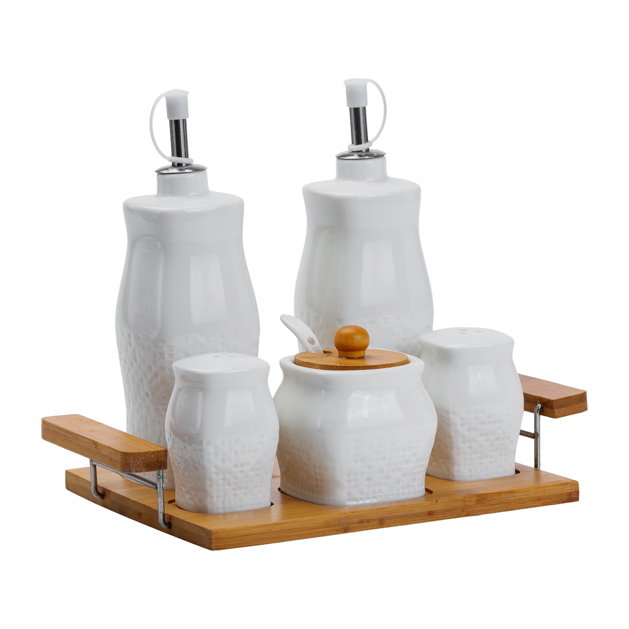 Набір для спецій із сільничкою та перечницею з 5 предметів та двома пляшками для олії та оцту по 380 мл на бамбуковій підставці._HP1222_Milantium_4