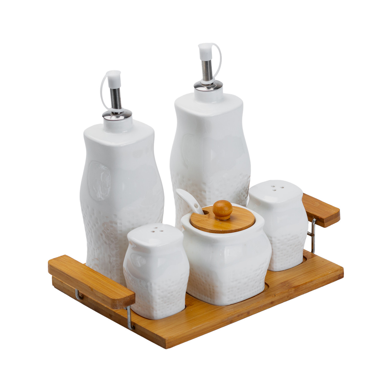 Набір для спецій із сільничкою та перечницею з 5 предметів та двома пляшками для олії та оцту по 380 мл на бамбуковій підставці._HP1222_Milantium_5