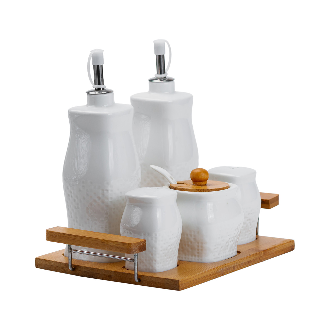 Набір для спецій із сільничкою та перечницею з 5 предметів та двома пляшками для олії та оцту по 380 мл на бамбуковій підставці._HP1222_Milantium_6