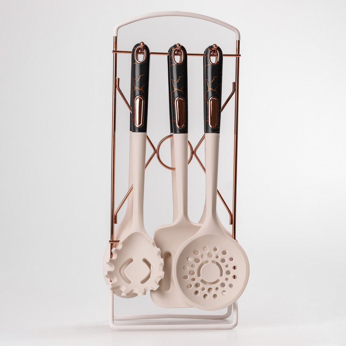 Набор кухонных принадлежностей на подставке 6 штук кухонні аксесуари Бежевий із чорною ручкою_YRUR4_Milantium_3