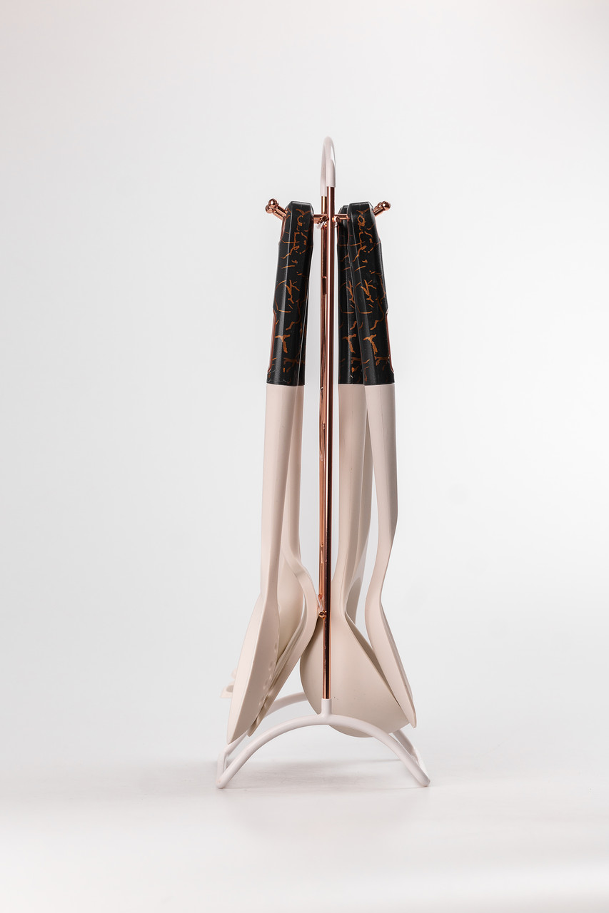 Набор кухонных принадлежностей на подставке 6 штук кухонні аксесуари Бежевий із чорною ручкою_YRUR4_Milantium_4