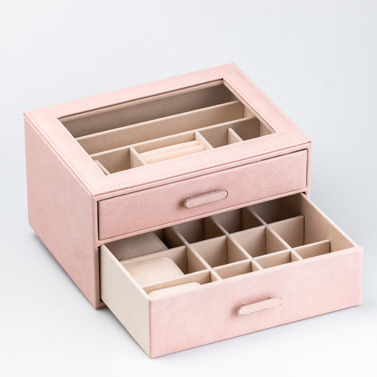 Скринька органайзер для прикрас прямокутна на два яруси з екошкіри 24.5 х 17.5 х 14 см Пудрова_HP47614P_Milantium_2