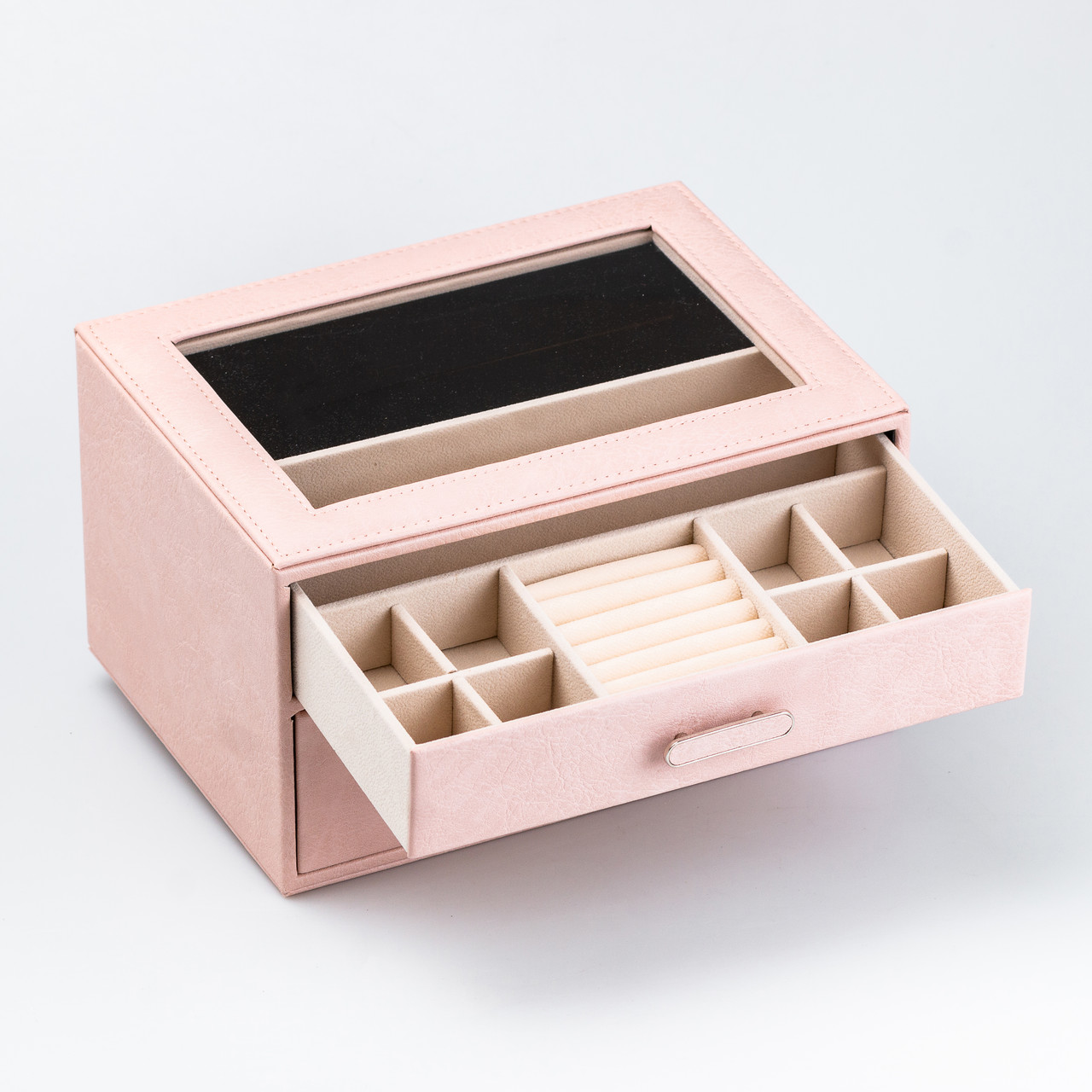 Скринька органайзер для прикрас прямокутна на два яруси з екошкіри 24.5 х 17.5 х 14 см Пудрова_HP47614P_Milantium_3