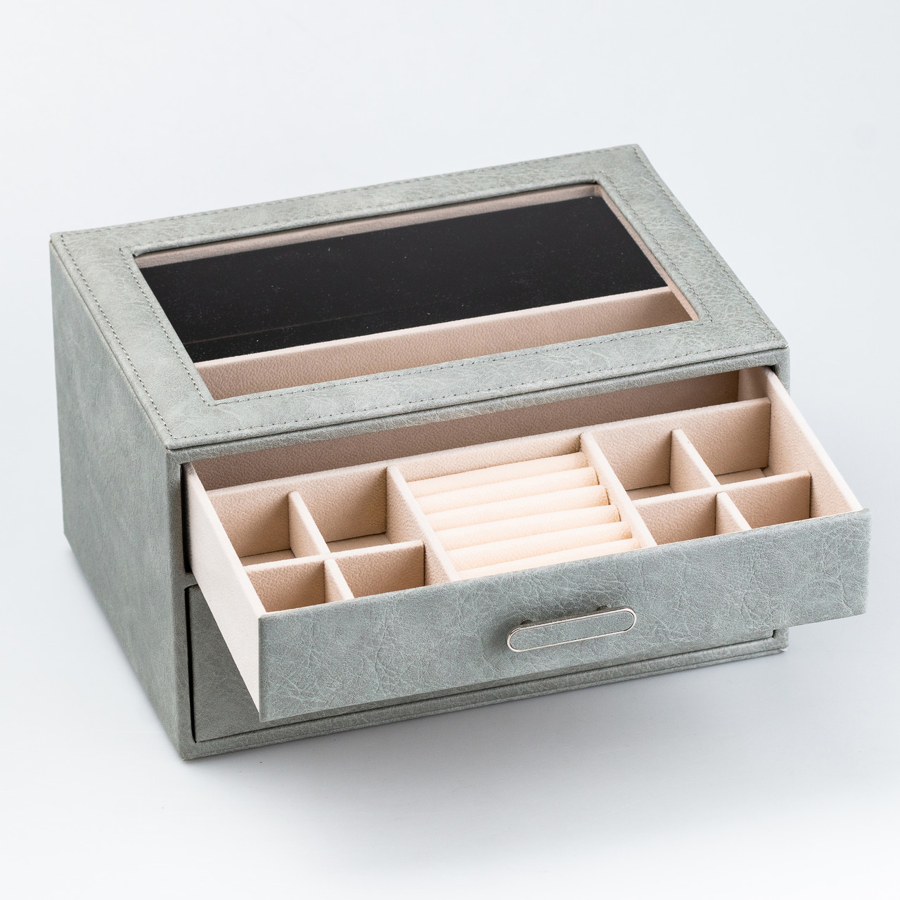 Скринька органайзер для прикрас прямокутна на два яруси з екошкіри 24.5 х 17.5 х 14 см Сіра_HP47614S_Milantium_2