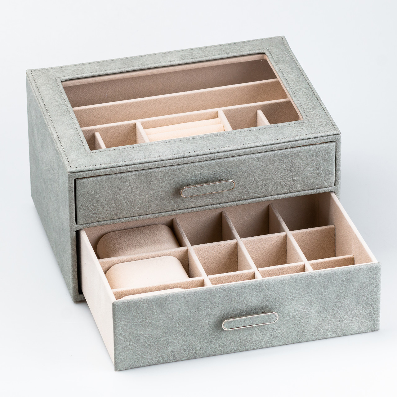 Скринька органайзер для прикрас прямокутна на два яруси з екошкіри 24.5 х 17.5 х 14 см Сіра_HP47614S_Milantium_3