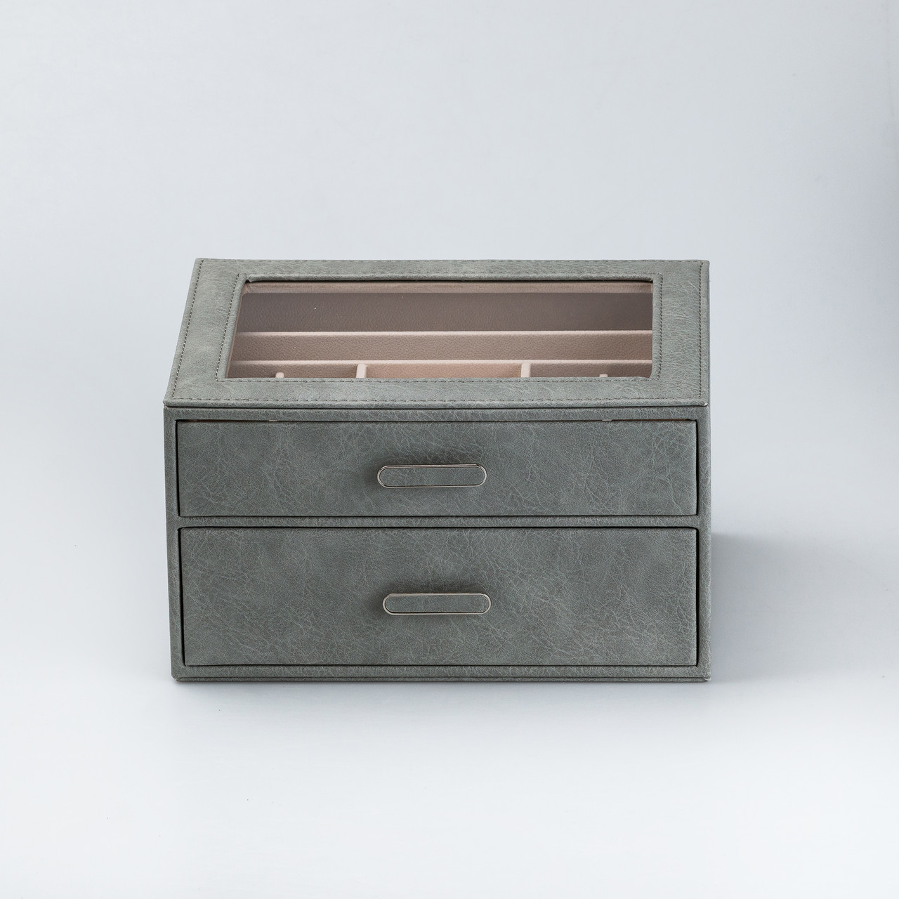 Скринька органайзер для прикрас прямокутна на два яруси з екошкіри 24.5 х 17.5 х 14 см Сіра_HP47614S_Milantium_4