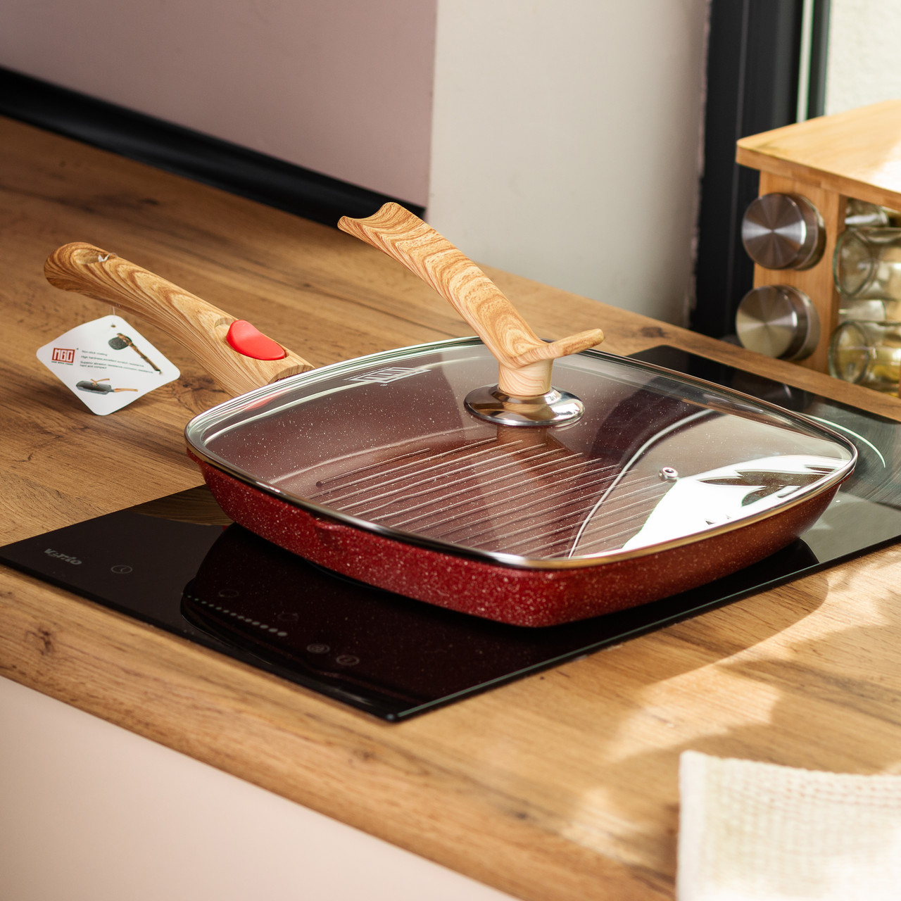 Алюмінієва сковорода-гриль 28 см зі скляною кришкою Square Red MGC HP-4-462R_HP-4-462R_Milantium_7