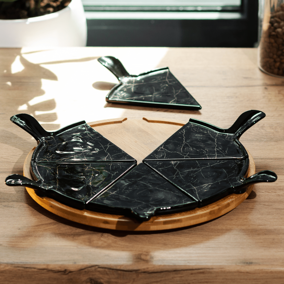 Тарелка для пиццы 28 CM Ceramic с бамбуковой подставкой, вращающийся, Секция черная - купить в Украине недорого