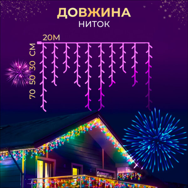 Вулична гірлянда бахрома 20 (м) 390 led світлодіодів зовнішня мультиколор чорний дріт 20MBML_20MBML_Milantium_2