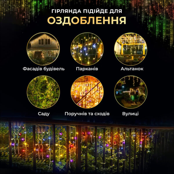 Вулична гірлянда бахрома 25 (м) 405 led світлодіодів зовнішня мультиколор чорний дріт_25MBML_Milantium_7