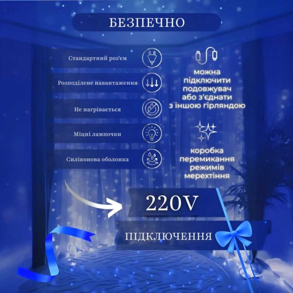 Гірлянда штора 2х2 м 240 LED світлодіодна мідний провід 8 ниток Синій_ZWM2240LEDBL_Milantium_6