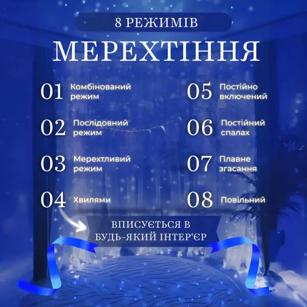 Гірлянда штора 2х2 м 240 LED світлодіодна мідний провід 8 ниток Синій ZWM2240LEDBL_ZWM2240LEDBL_Milantium_7