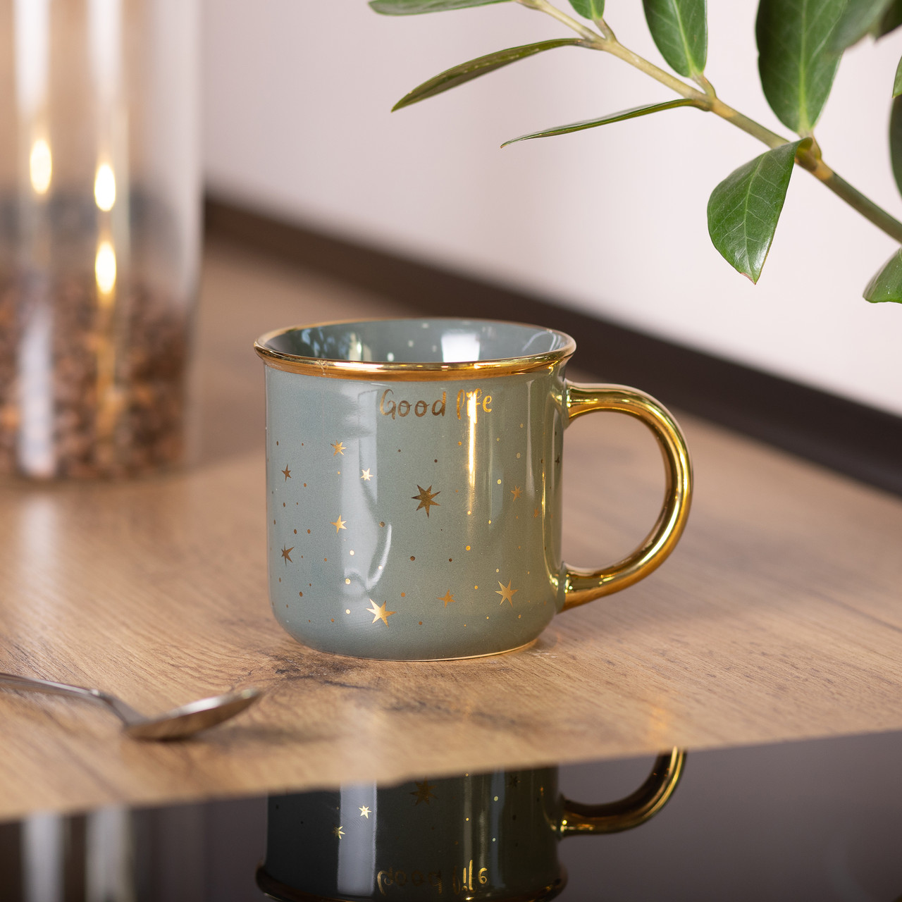 Чашка керамическая Good life с золотым ободком и золотой ручкой 320 (мл) звездное небо Зеленая Lugi_RX-N231506GR_Milantium_3
