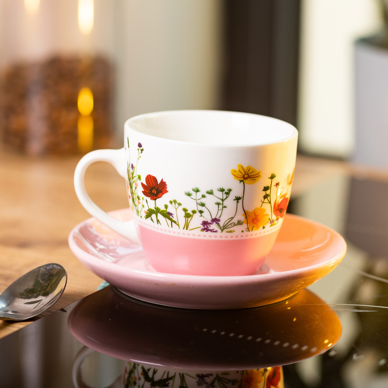 порцелянова чашка з блюдцем 250 мл з квітами Рожева RX-N24723P_RX-N24723P_Milantium_3