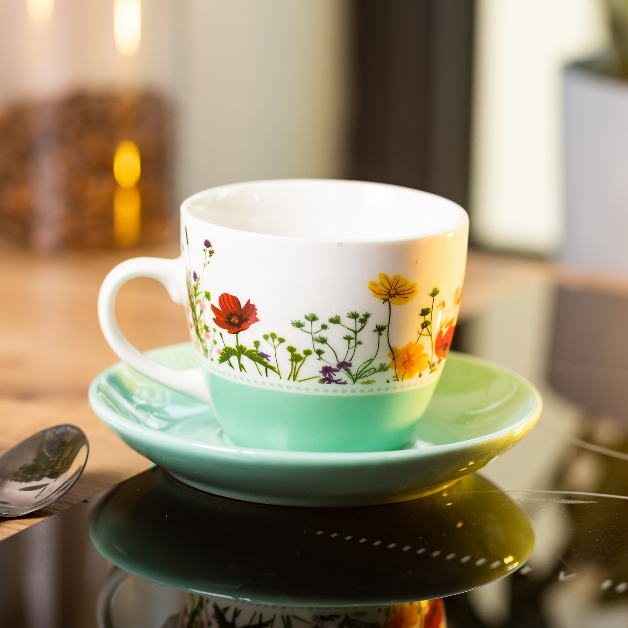 порцелянова чашка з блюдцем 250 мл з квітами Зелена RX-N24723GR_RX-N24723GR_Milantium_3