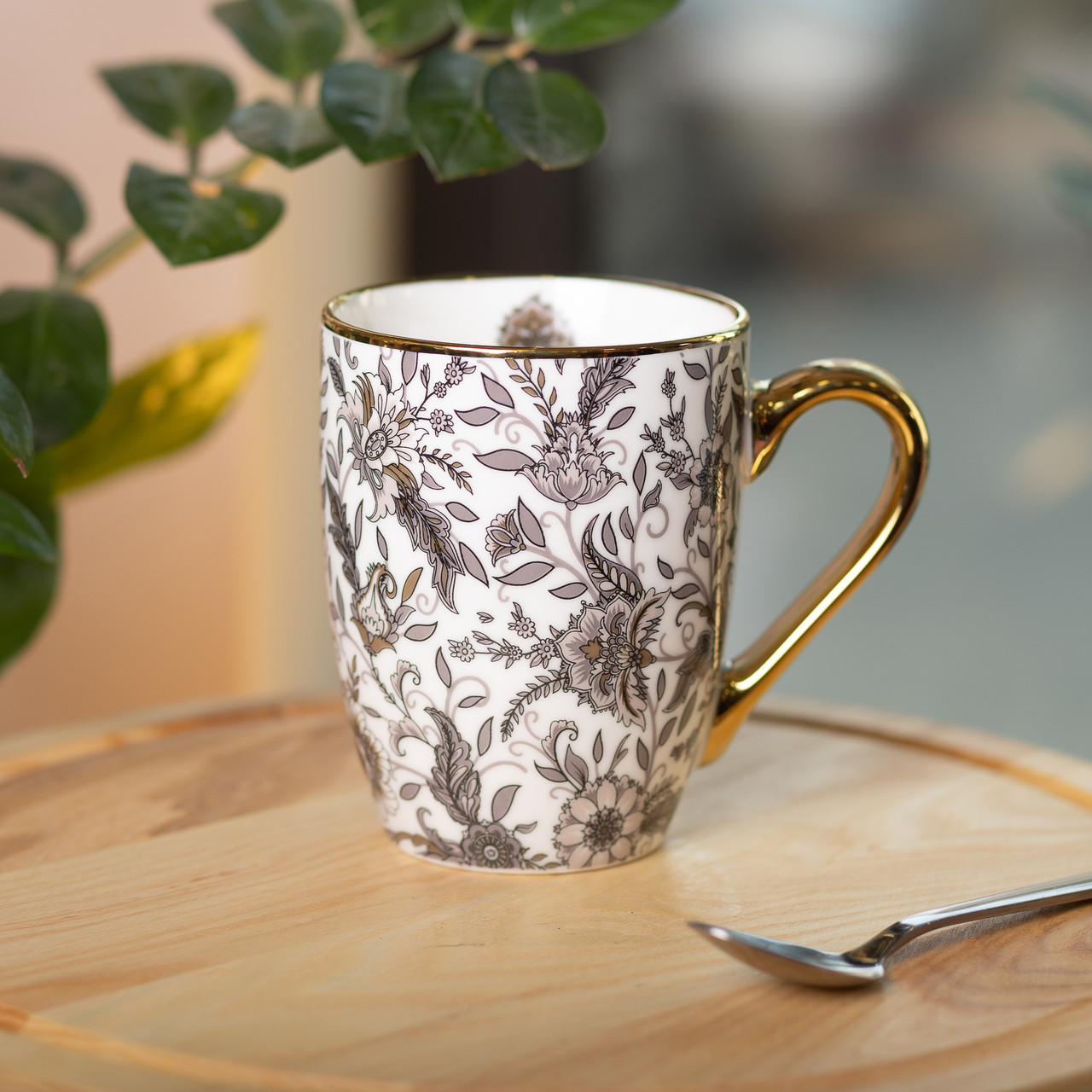 Керамическая чашка 400 (мл) с золотым ободком и золотой ручкой для чая и кофе Серая Lugi_RX-N240665G_Milantium_4