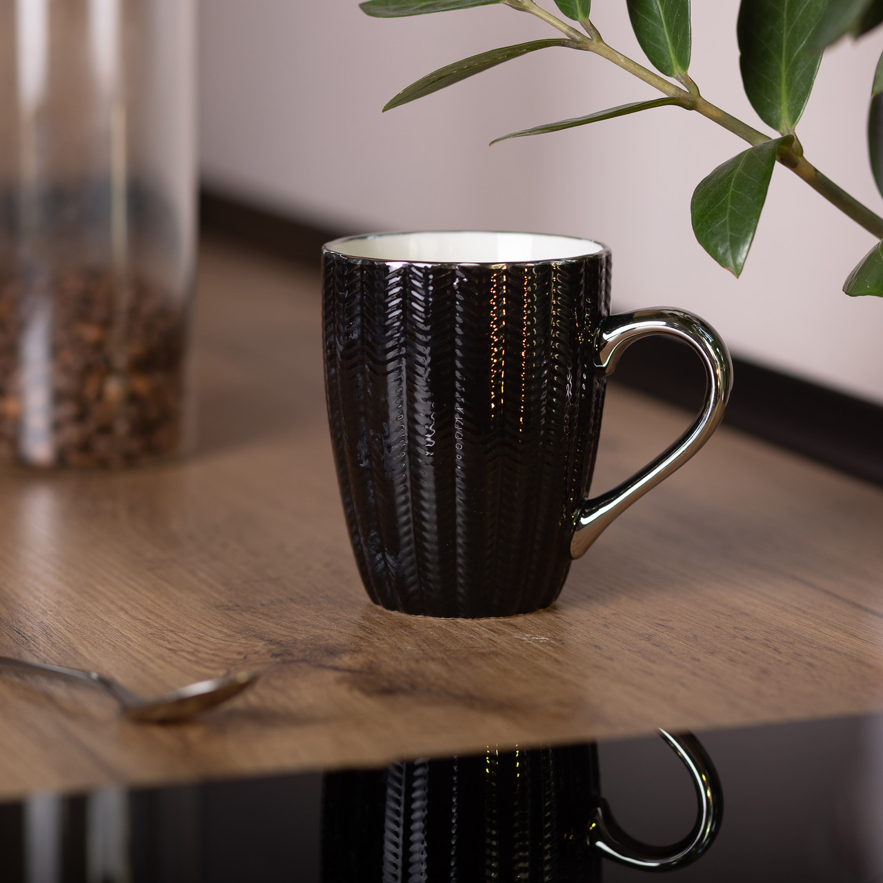 Чашка керамическая 400 (мл) с серебристым ободком и ручкой для чая Черная_RX-N231315B_Milantium_4