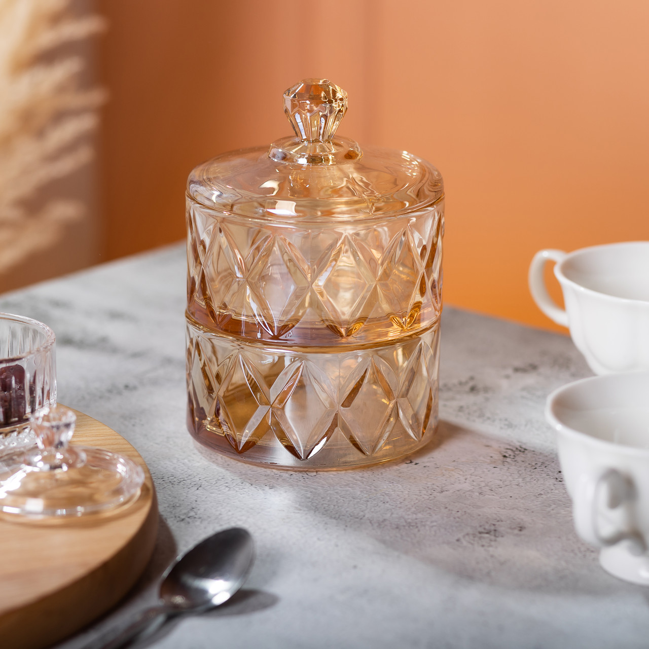 Цукерниця скляна із кришкою дворівнева Ø 10 см ваза конфетница коричнева HP-YH-81_HP-YH-81_Milantium_5