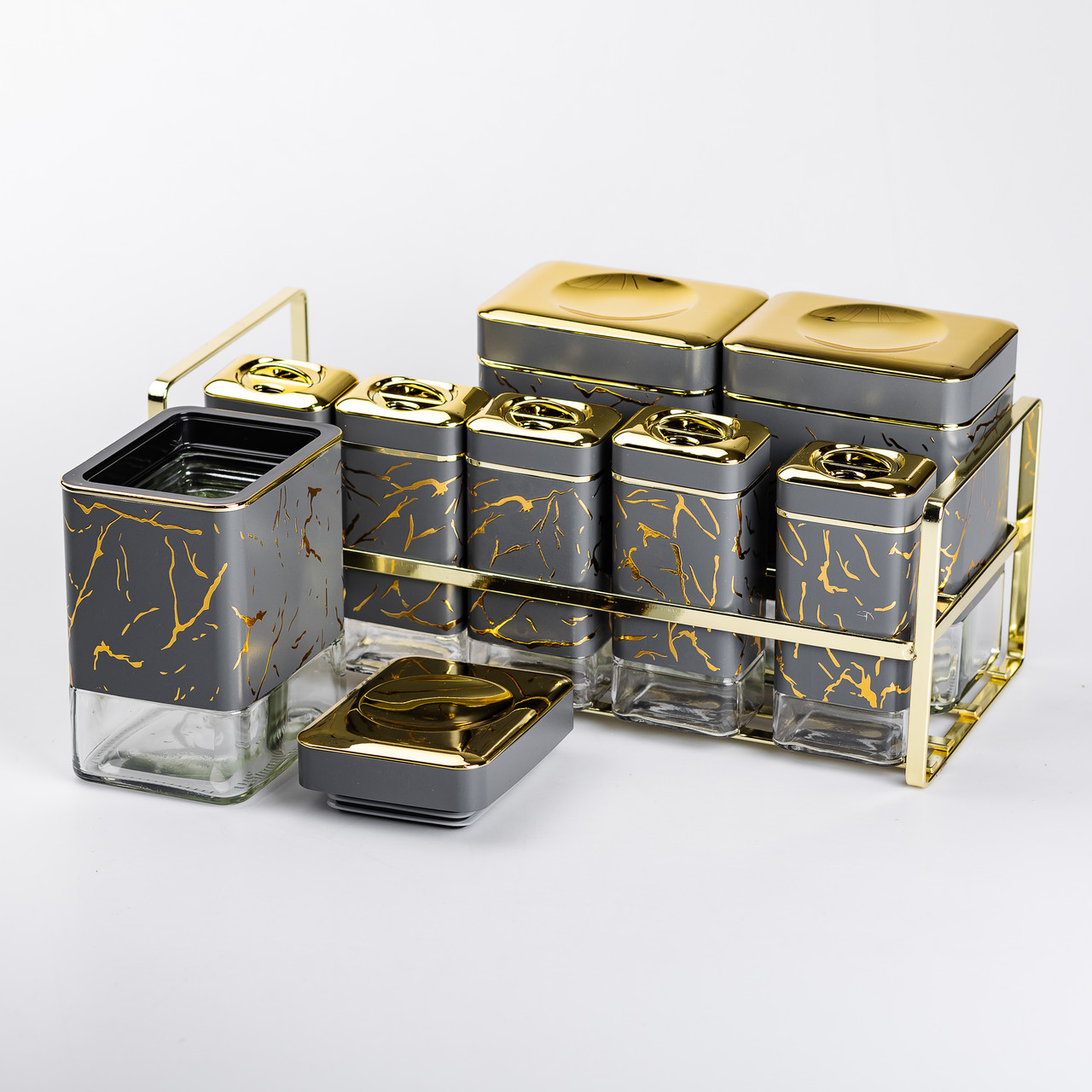 Набір для приправ та спецій на підставці 8 штук з кришками Сірий_HP-1366_Milantium_4