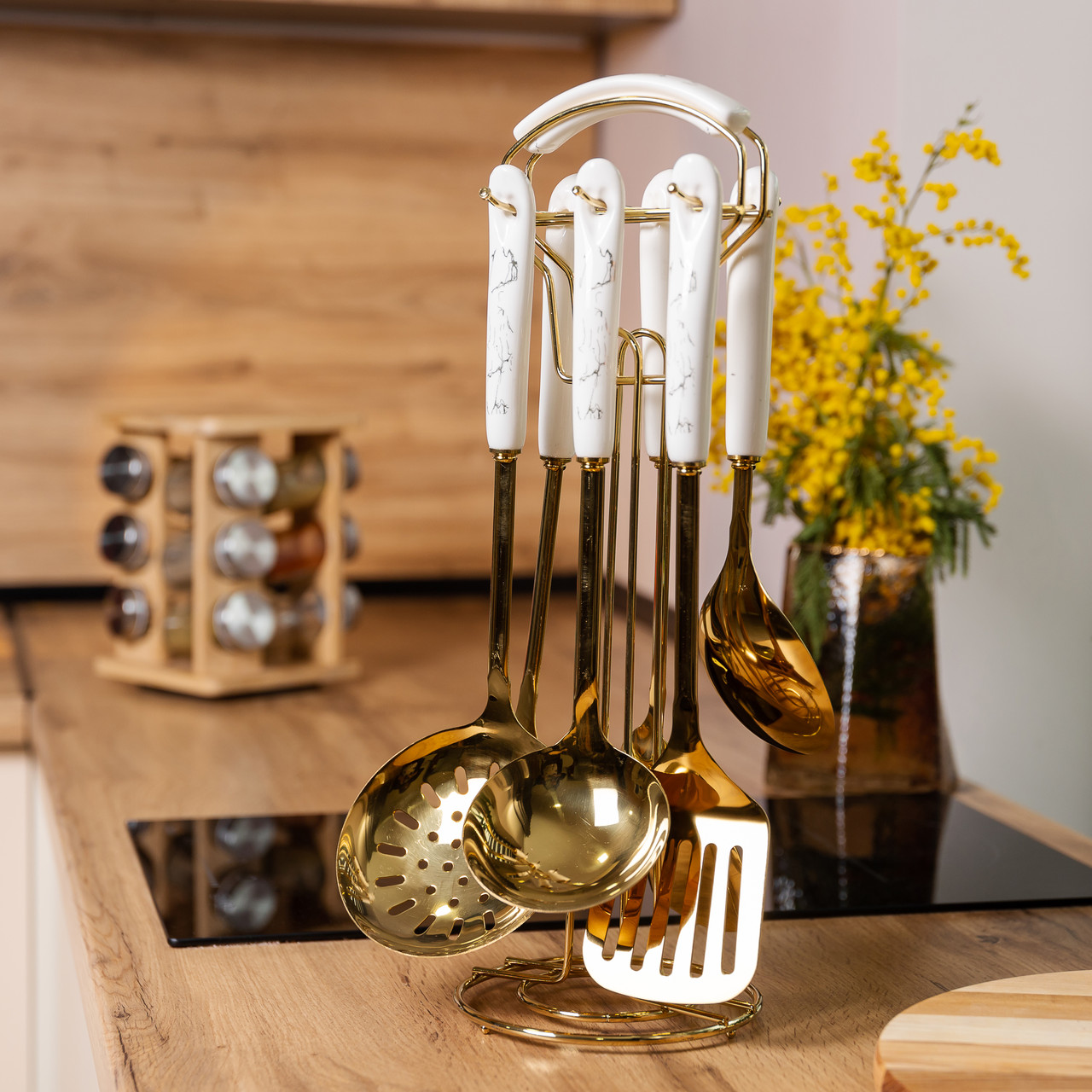 Набор кухонных принадлежностей 7 предметів на підставці столові прилади з нержавіючої сталі Золото з білим HP-20-7_HP-20-7_Milantium_6