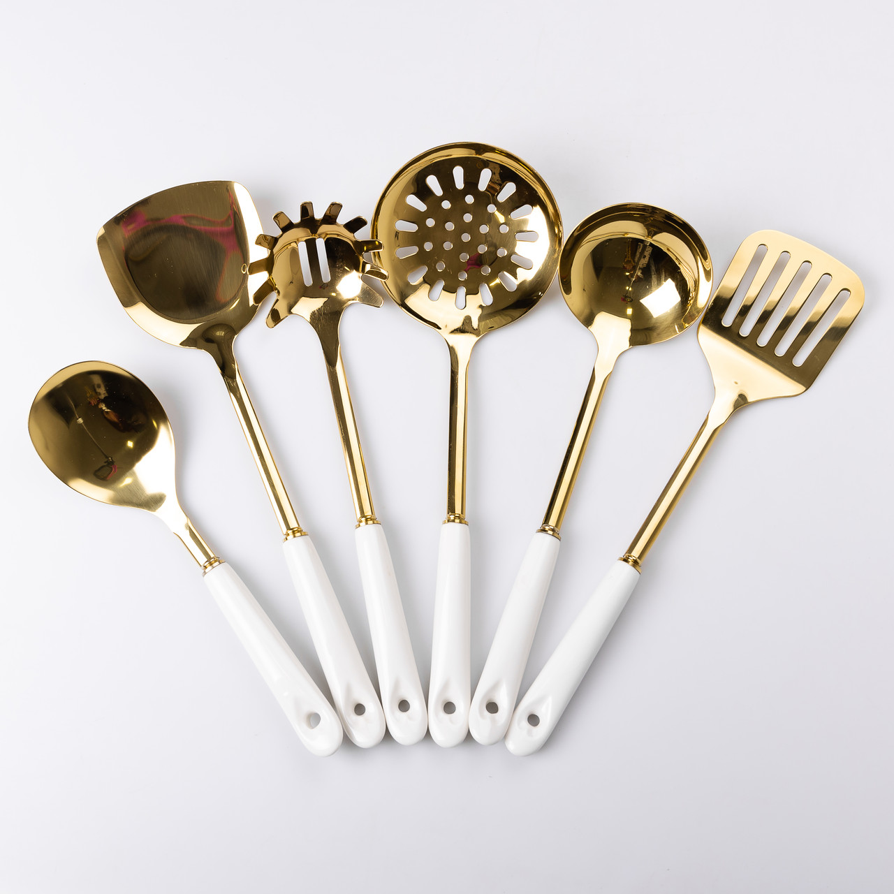 Набір кухонного приладдя на підставці 7 предметів кухонні аксесуари на підставці Білий із золотом_HP-20-65_Milantium_2