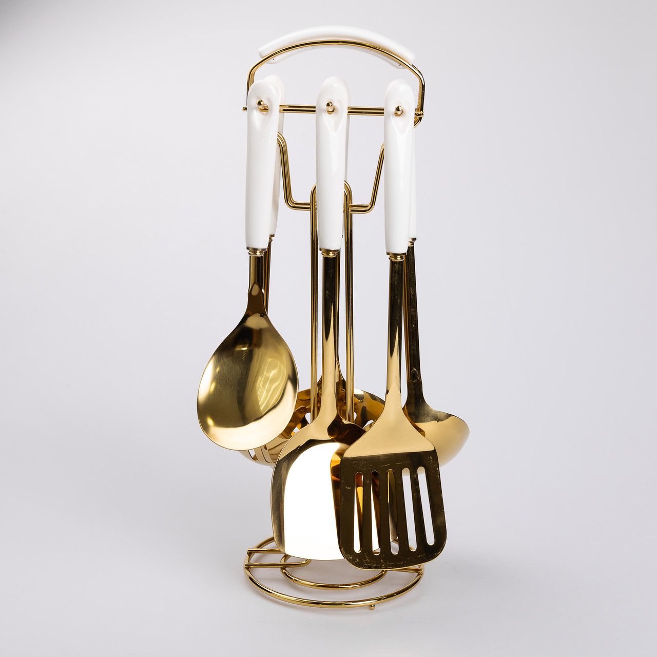 Набір кухонного приладдя на підставці 7 предметів кухонні аксесуари на підставці Білий із золотом_HP-20-65_Milantium_4