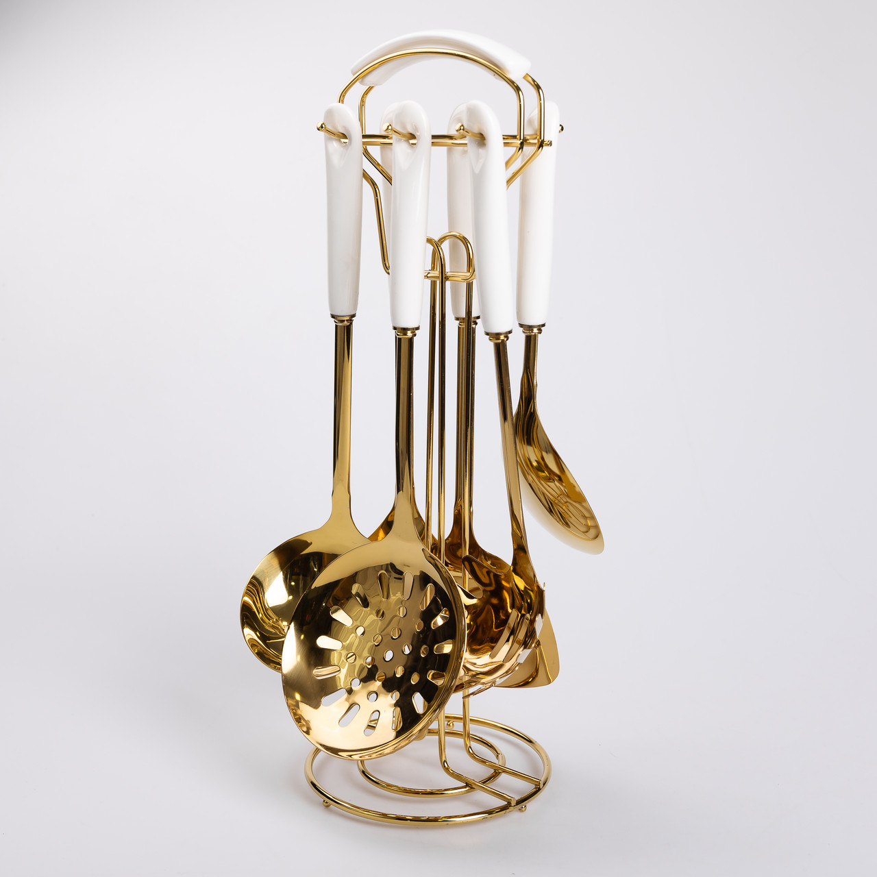 Набір кухонного приладдя на підставці 7 предметів кухонні аксесуари на підставці Білий із золотом_HP-20-65_Milantium_5