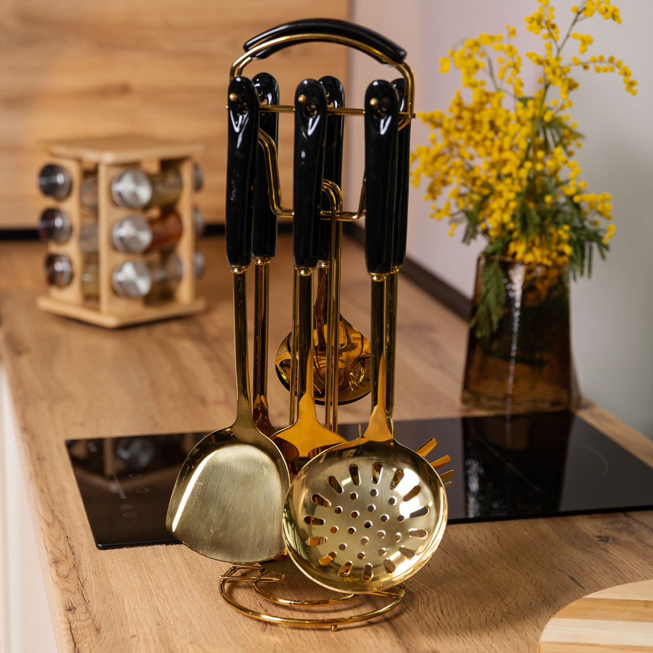 Набор кухонных принадлежностей на подставке 7 предметів кухонні аксесуари на підставці Чорний із золотом HP-20-66_HP-20-66_Milantium_6