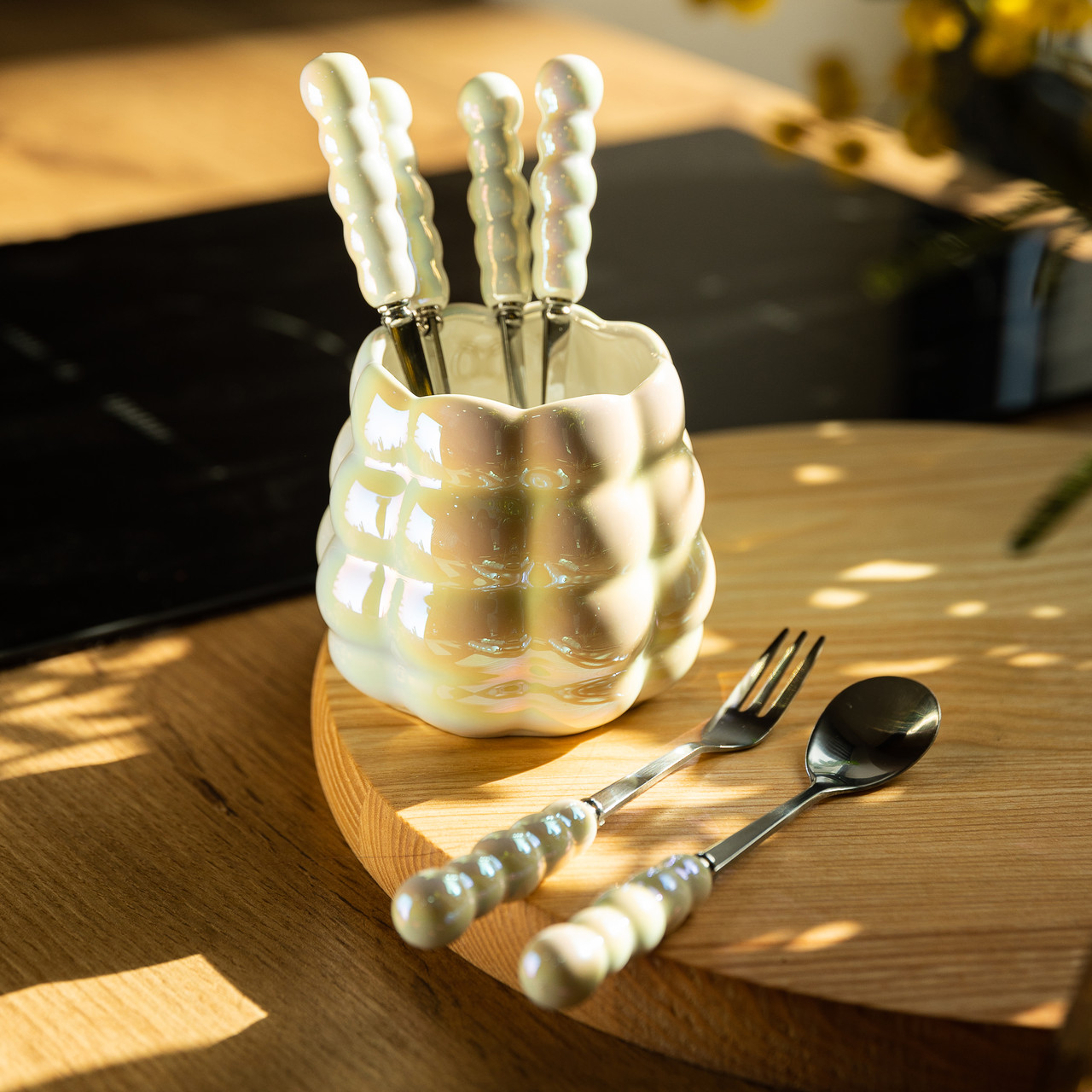 Набір десертних виделок і ложок на 3 персони з підставкою з кераміки 7 предметів Перламутровий HP-20-62_HP-20-62_Milantium_5