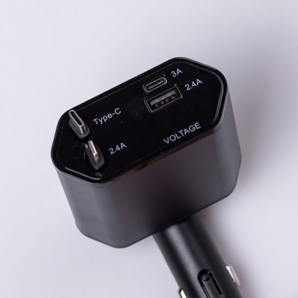 Автомобільний зарядний пристрій з висувними кабелями та портами USB-A/USB-C HP-C1_HP-C1_Milantium_1