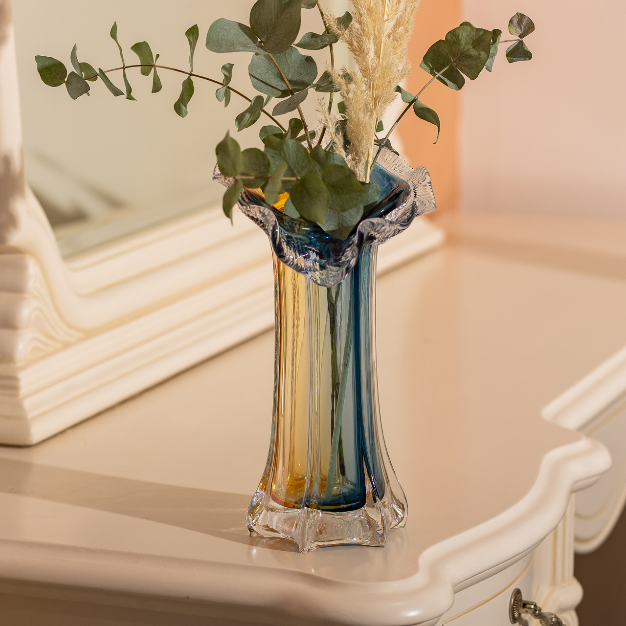 Декоративна скляна ваза для квітів 29 см фігурна ваза 500 мл Жовто-синя HP-9-4_HP-9-4_Milantium_5