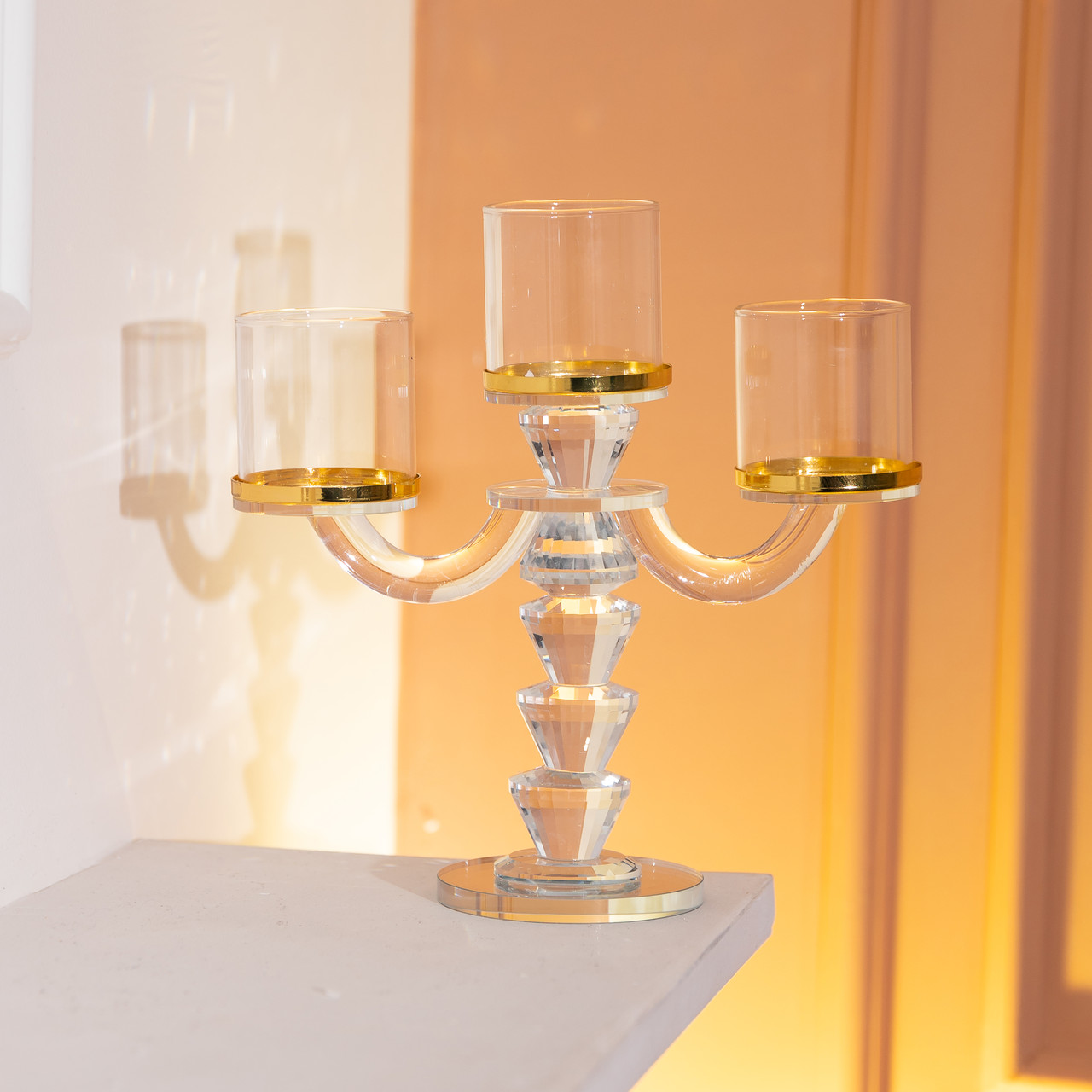 Канделябр на 3 свічки 23×9×23.5 см підсвічник скляний декоративний із золотою окантовкою HP-4-35_HP-4-35_Milantium_4