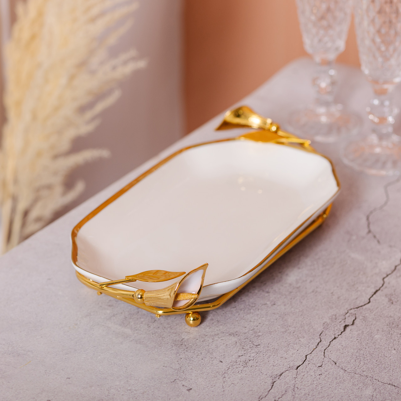 Керамічна фруктовниця на підставці 26×15×3.5 см Біла із золотом HP-7-5_HP-7-5_Milantium_6