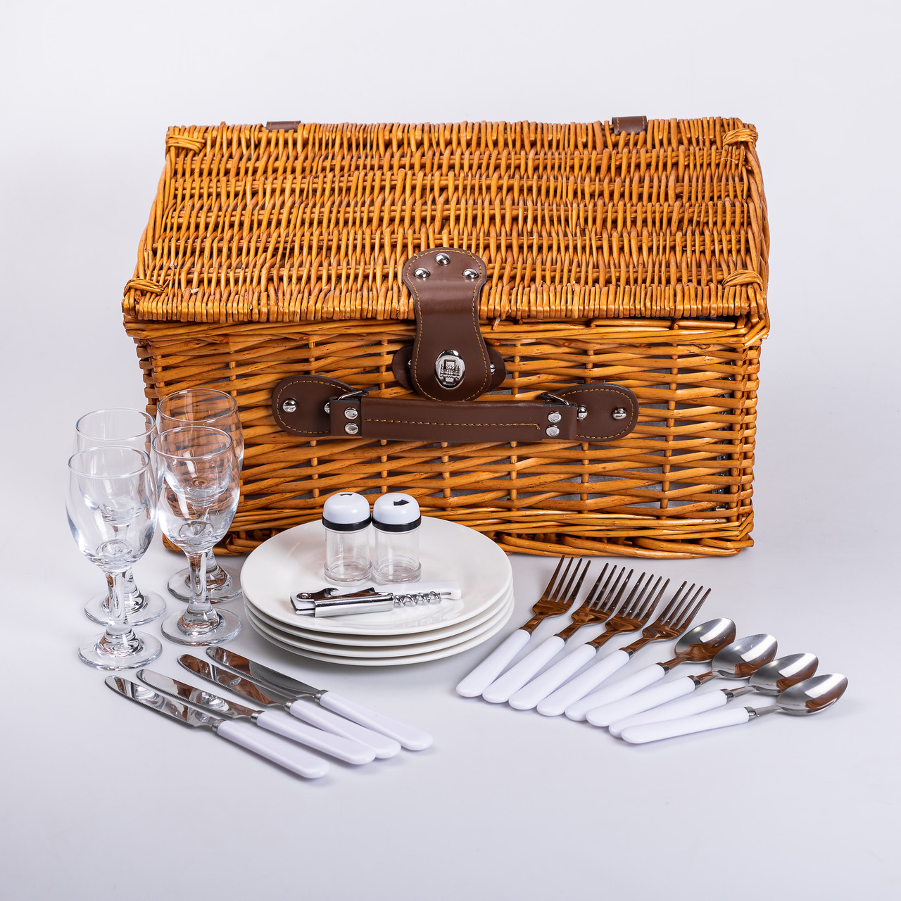 Кошик плетений для пікніка з посудом на 4 персони 42х28х20 см набір посуду туристичний для кемпінгу HP-ZQ-1_HP-ZQ-1_Milantium_2