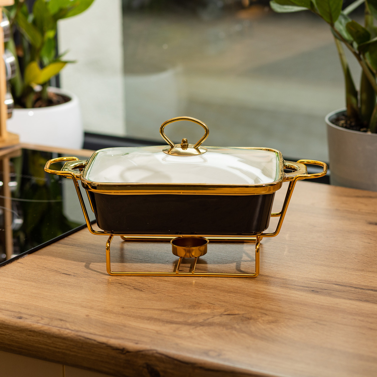 Марміт порцелянаовий із скляною кришкою 31х16х15.5 см на металевій підставці 1 л Чорний HTJ-1001_HTJ-1001_Milantium_5