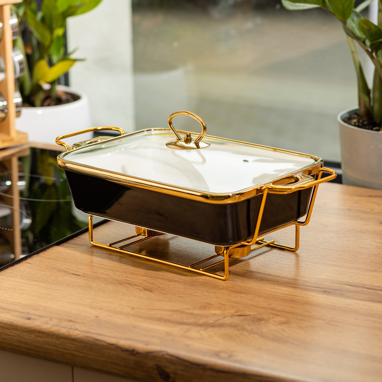 Марміт порцелянаовий зі скляною кришкою 35.5х19х15.5 см на металевій підставці 1.5 л Чорний HTJ-1002_HTJ-1002_Milantium_5