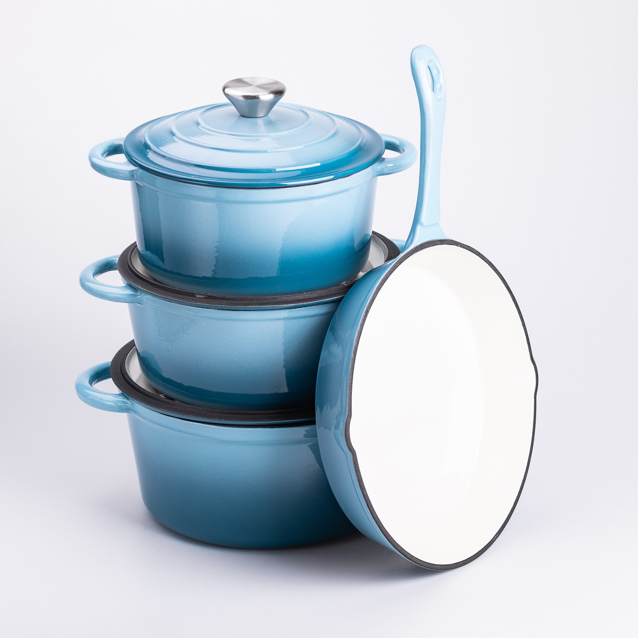 Набір чавунного посуду для приготування 3 каструлі та сковорода з емальованим покриттям Блакитний HP-1-7_HP-1-7_Milantium_2