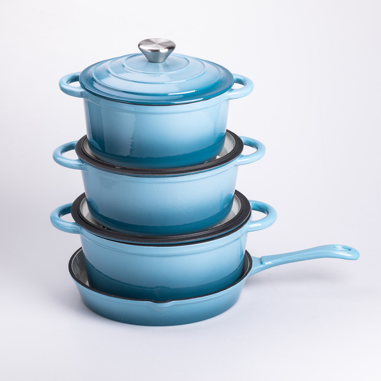 Набір чавунного посуду для приготування 3 каструлі та сковорода з емальованим покриттям Блакитний HP-1-7_HP-1-7_Milantium_3