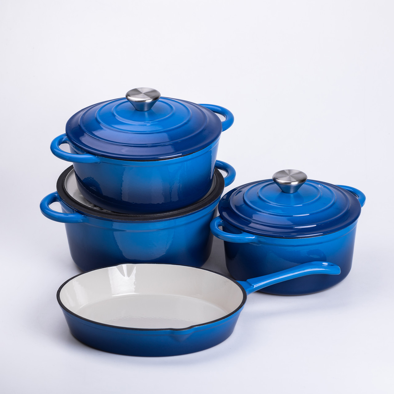 Набір чавунного посуду для приготування 3 каструлі та сковорода з емальованим покриттям Синій HP-1-8_HP-1-8_Milantium_2