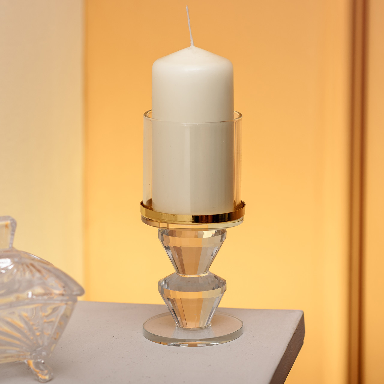 Підсвічник скляний на ніжці із золотою окантовкою 6×13.3 см підсвічник келих декоративний прозорий HP-4-33M_HP-4-33M_Milantium_2