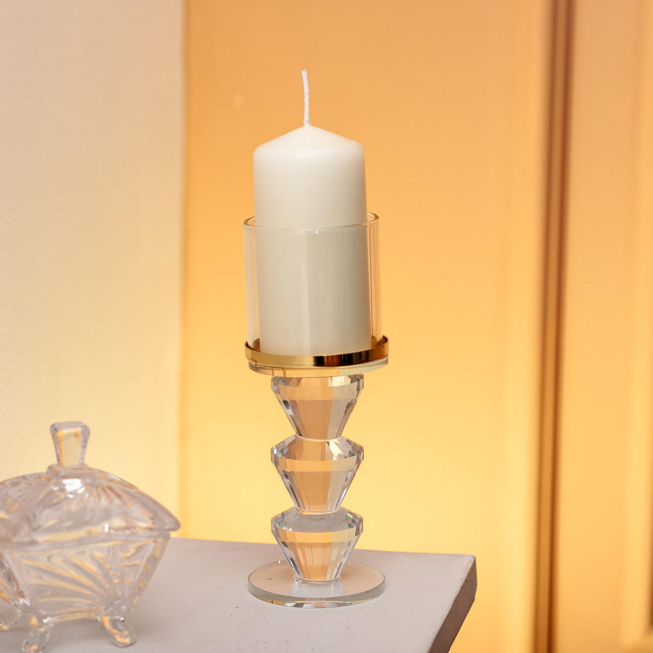 Підсвічник скляний на ніжці з золотою окантовкою 6×16.5 см підсвічник келих декоративний прозорий HP-4-34L_HP-4-34L_Milantium_2