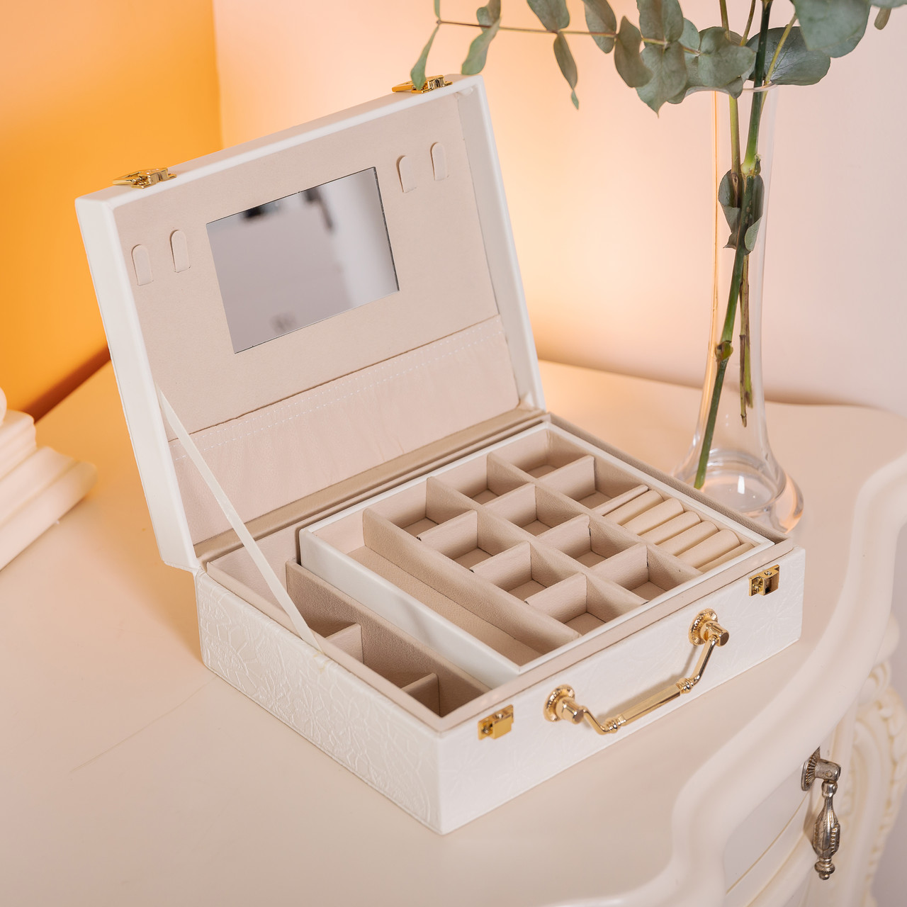 Скринька для прикрас з еко шкіри 2 яруси із дзеркалом органайзер для ювелірних виробів HP-5-15W_HP-5-15W_Milantium_7