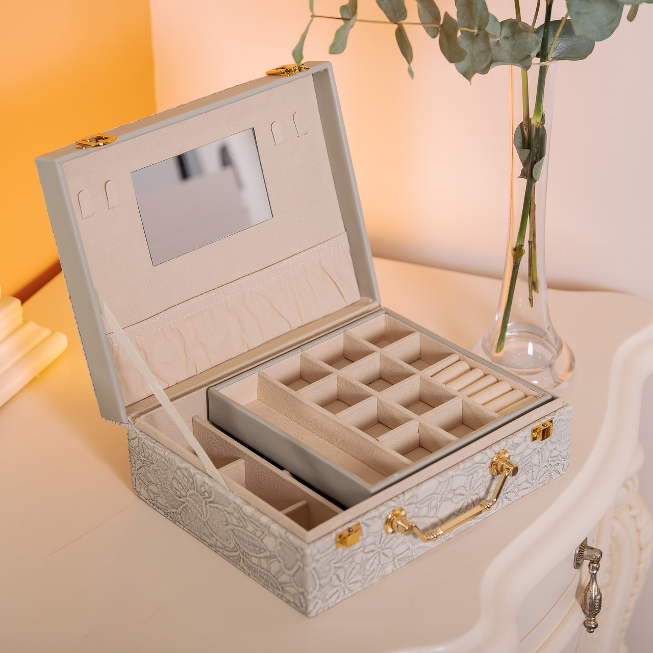 Скринька для прикрас з еко шкіри 2 яруси із дзеркалом органайзер для ювелірних виробів HP-5-15G_HP-5-15G_Milantium_7