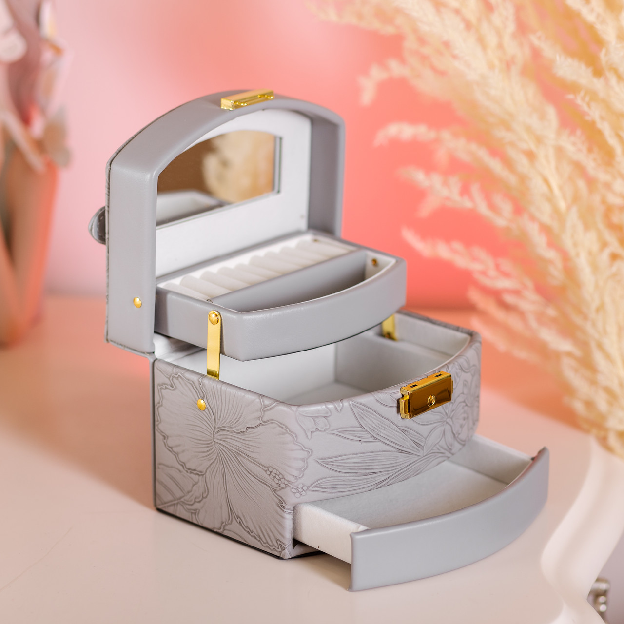 Скринька для прикрас з еко шкіри 3 яруси із замком органайзер для ювелірних виробів HP-5-23G_HP-5-23G_Milantium_7