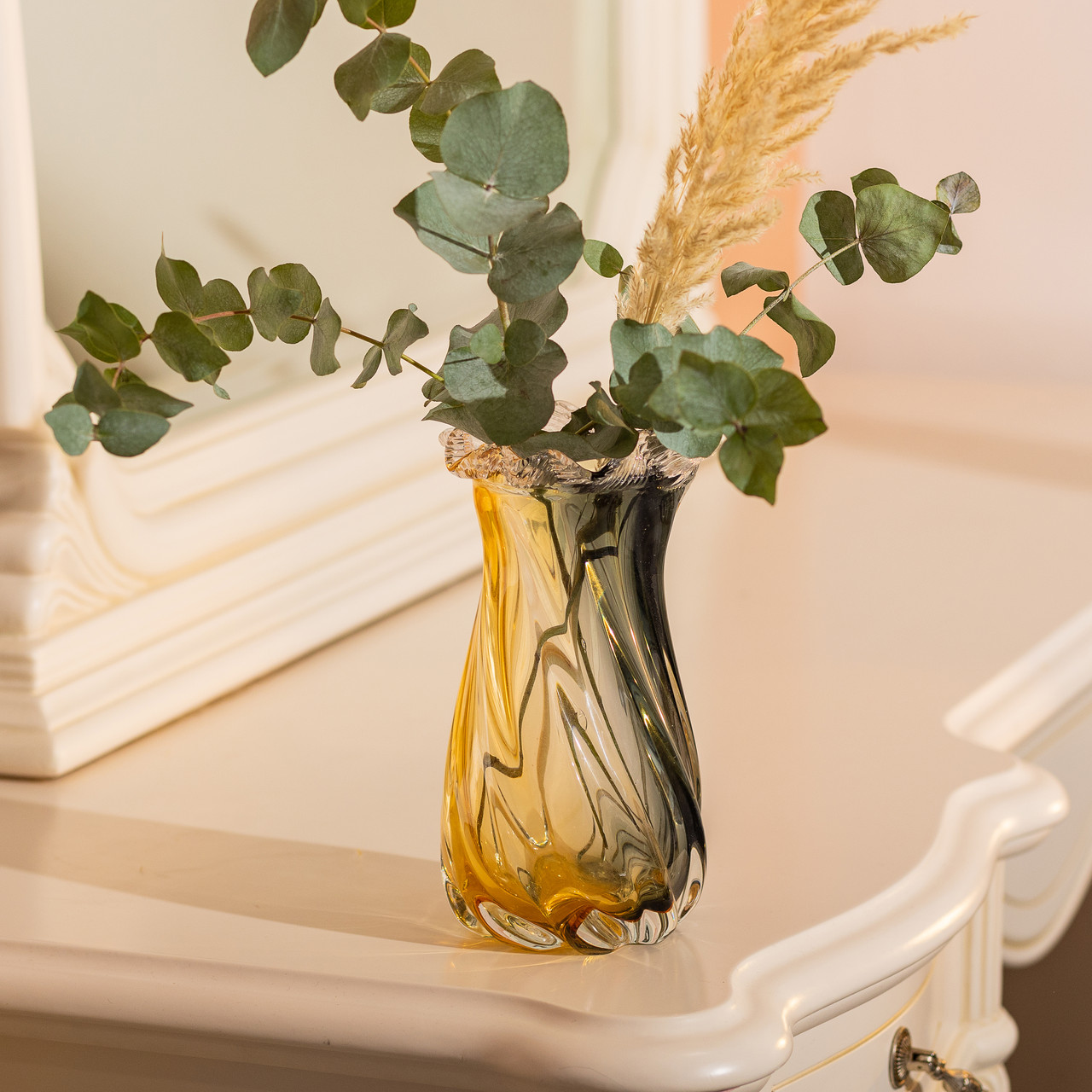 Ваза декоративна 26 см для квітів скляна фігурна ваза з кольорового скла 1.2 л Жовто-сіра HP-9-11_HP-9-11_Milantium_4