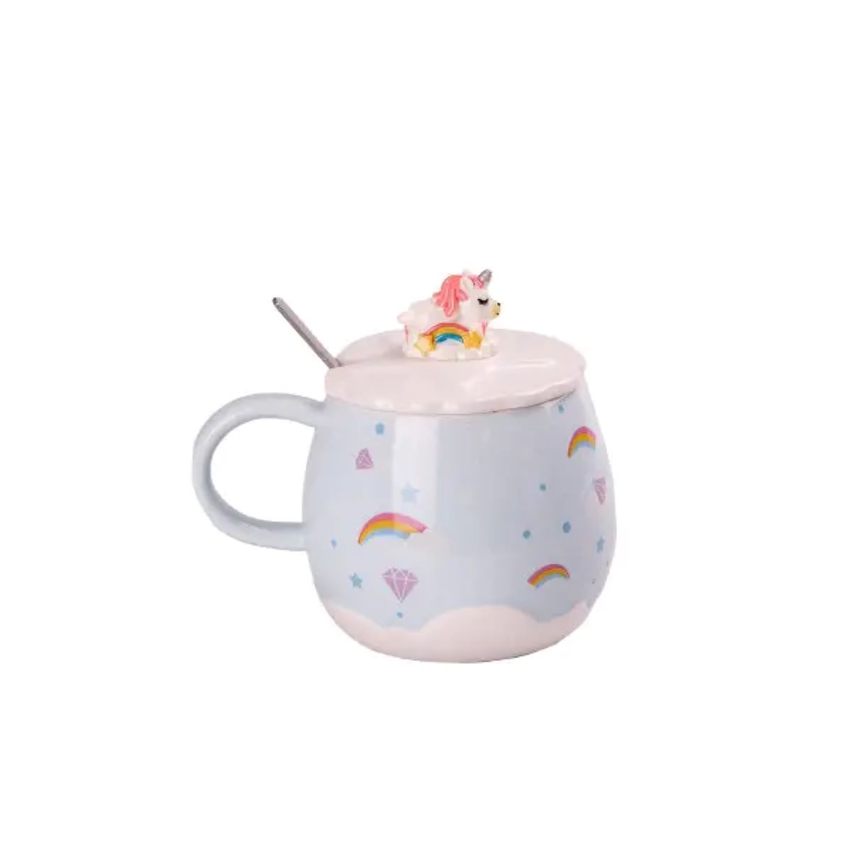 Чашка керамічна Rainbow Ceramic Mug 400ml з кришкою і ложкою Блакитний HPCY8278BL – купити в Україні недорого