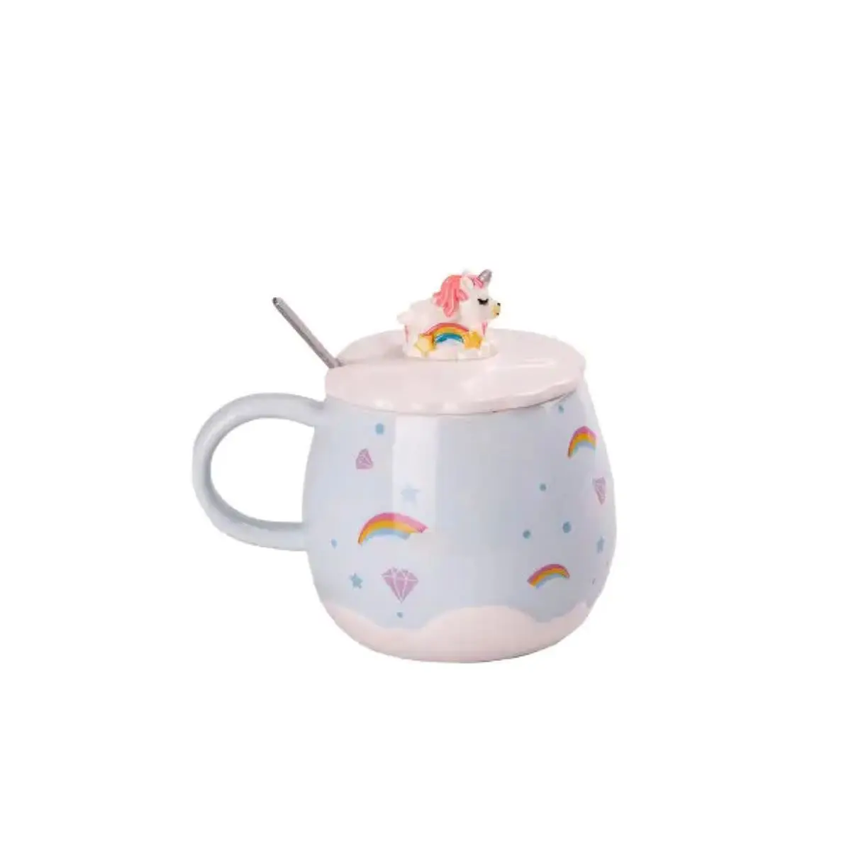 Чашка керамічна Rainbow Ceramic Mug 400ml з кришкою і ложкою Блакитний HPCY8278BL – купити в Україні недорого
