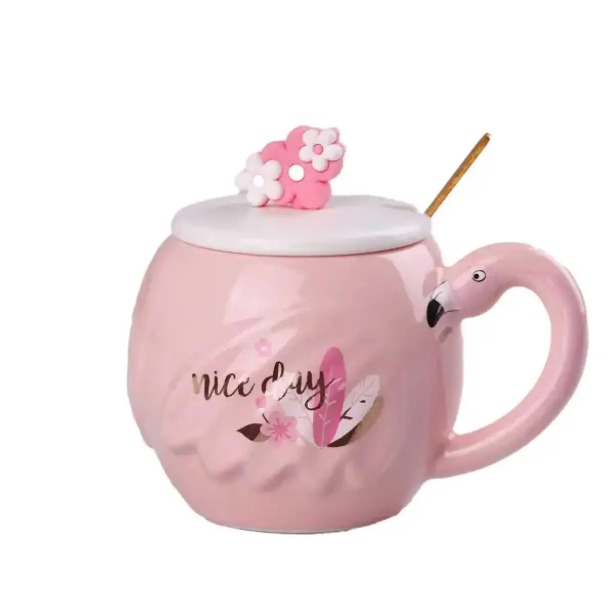 Чашка керамічна Flamingo 500мл з кришкою і ложкою чашки для кави Nice day HPCY8276ND – купити в Україні недорого