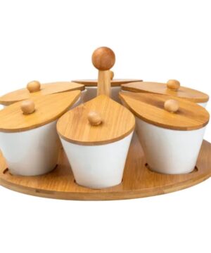 Набір порцелянових баночок для сипучих продуктів 6 штук по 100 мл на бамбуковій підставці HP258_HP258_Milantium_1