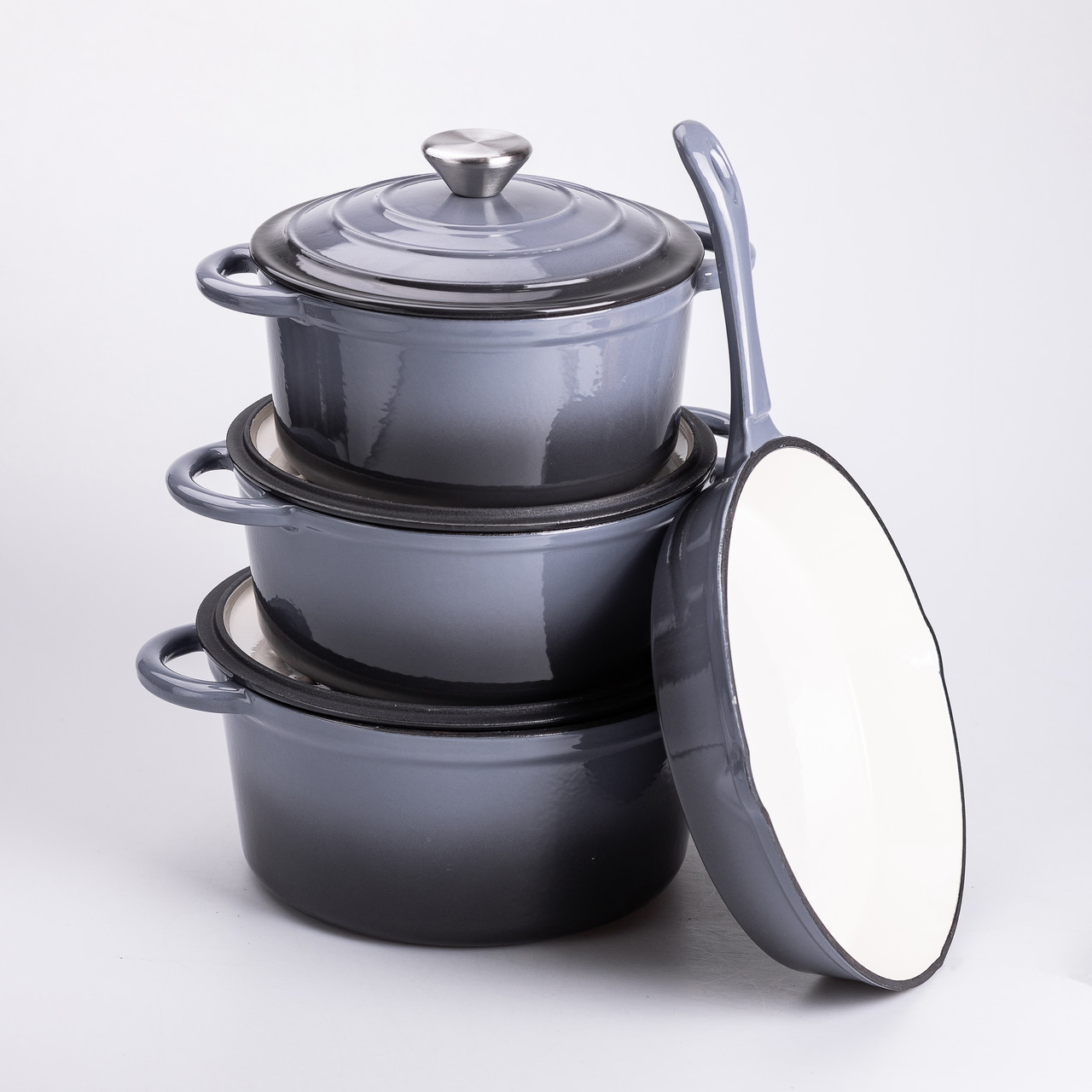 Набір чавунного посуду для приготування 3 каструлі та сковорода з емальованим покриттям Сірий HP-1-5_HP-1-5_Milantium_2